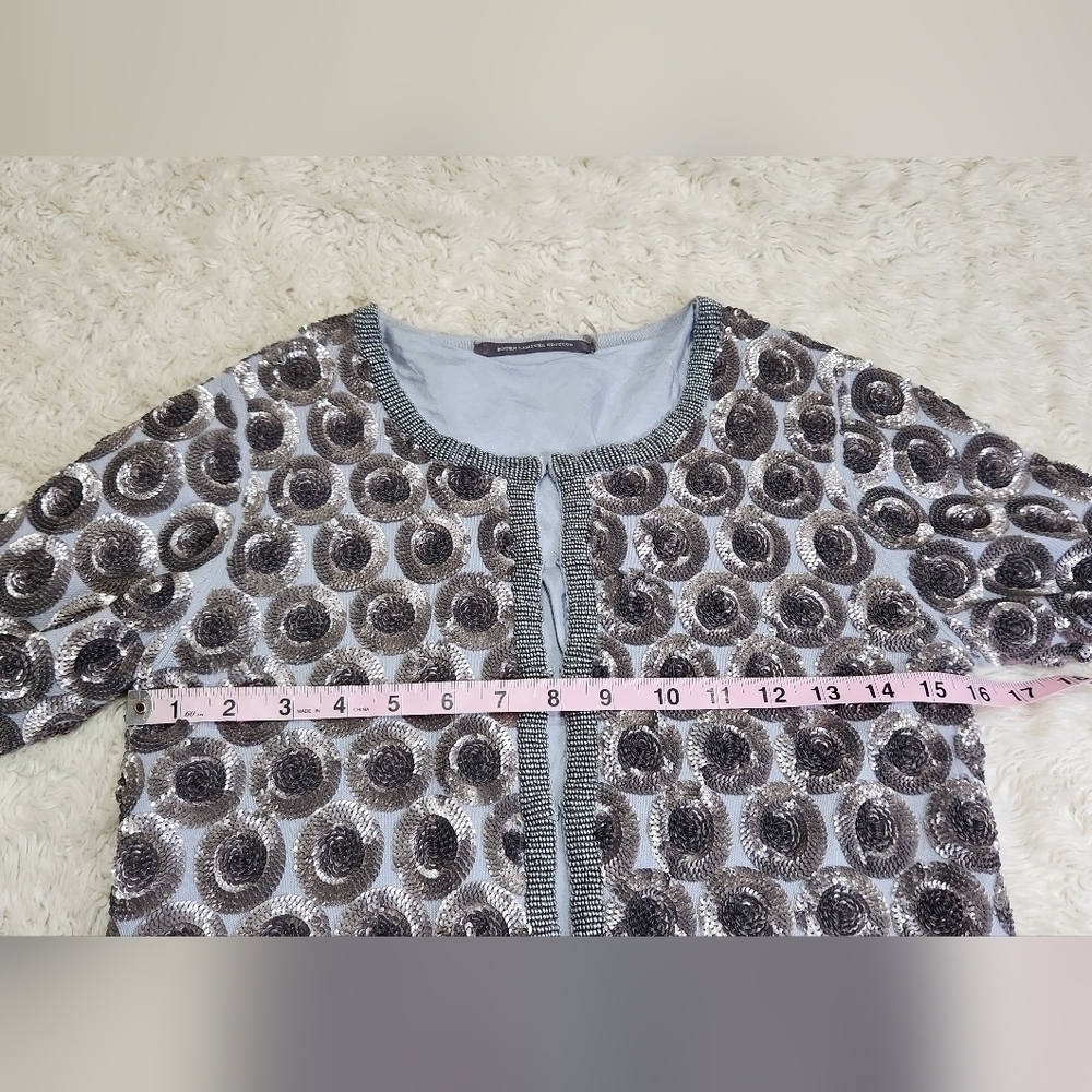 BODEN Limited Edition Beaded Cotton Cardigan Silk lined Gray Blue Silver Size 4 - Picture 6 of 11